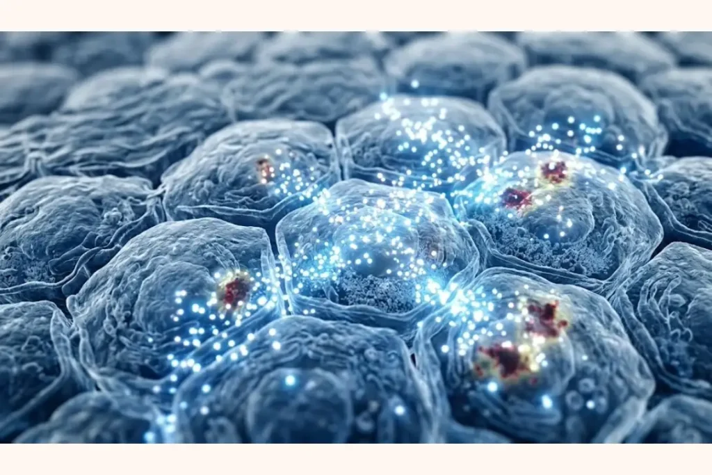 A microscopic 3D render showing glutathione molecules interacting with skin cells to reduce oxidative stress and promote cellular health.