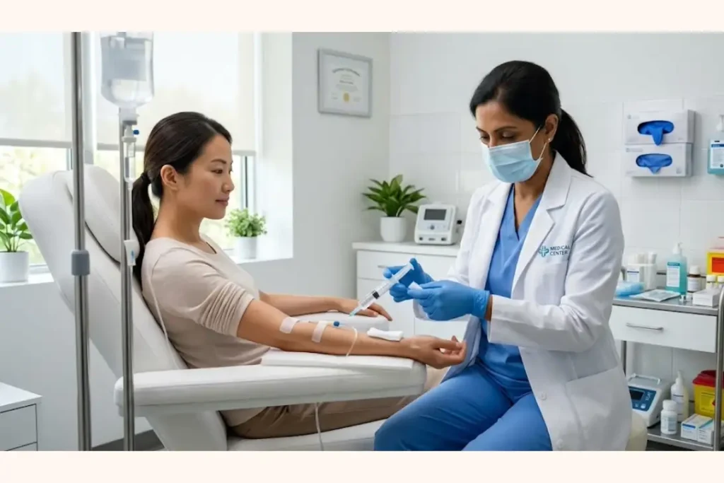 A medical professional administering a glutathione IV drip to a patient in a clinical setting to ensure safety and controlled dosage.