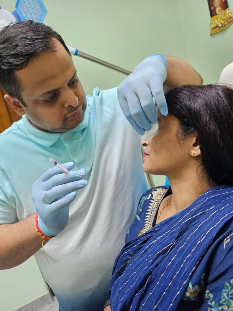 "Doctor giving a Botox injection to a woman for cosmetic treatment."