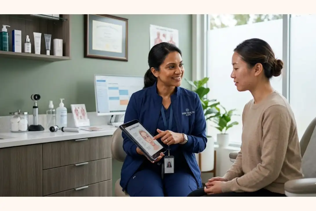 A dermatologist using a digital tablet to explain the benefits and potential side effects of glutathione treatment to a patient during a skin consultation.